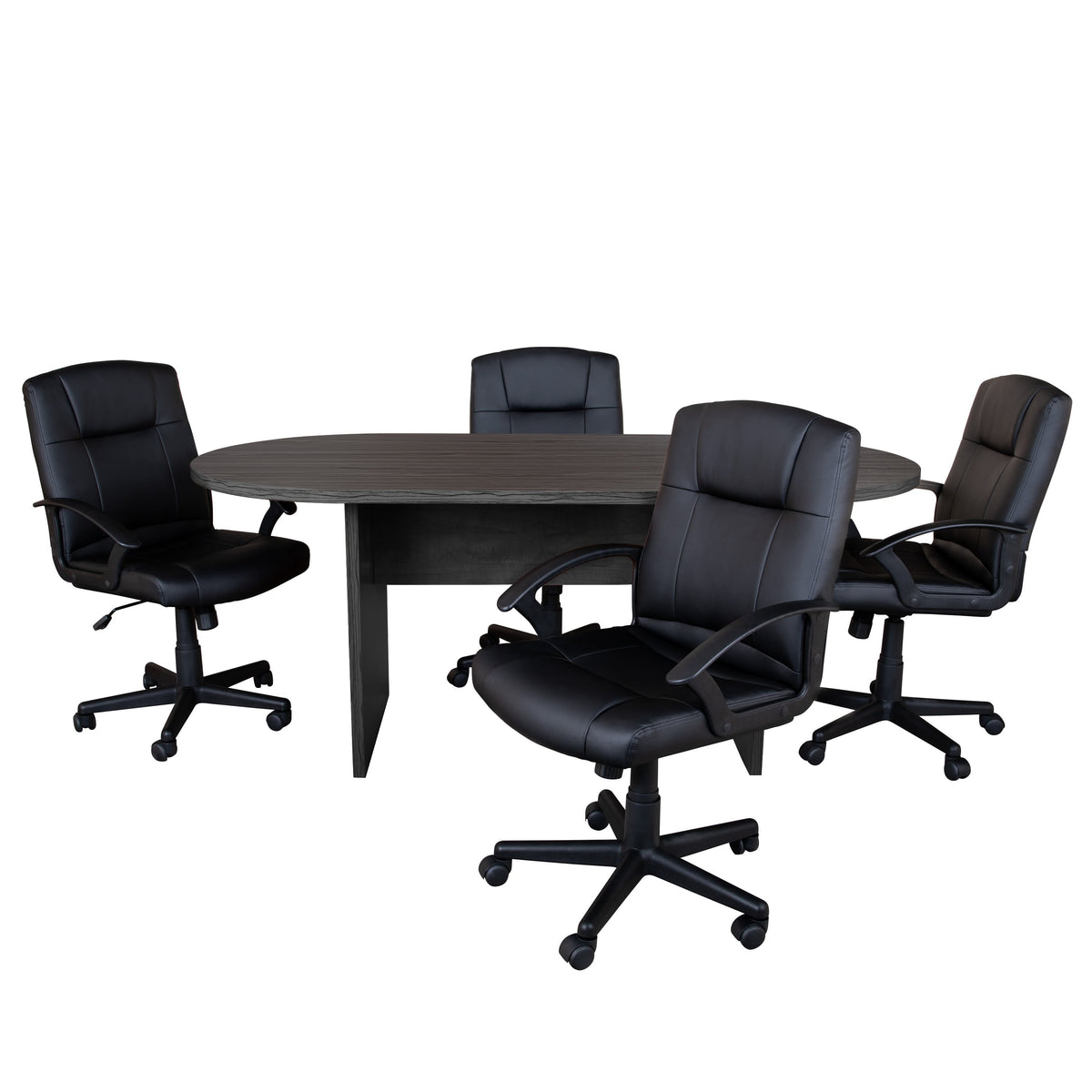 Rustic Gray |#| 5 Piece Rustic Gray Oval Conference Table with 4 Black LeatherSoft-Padded Chairs