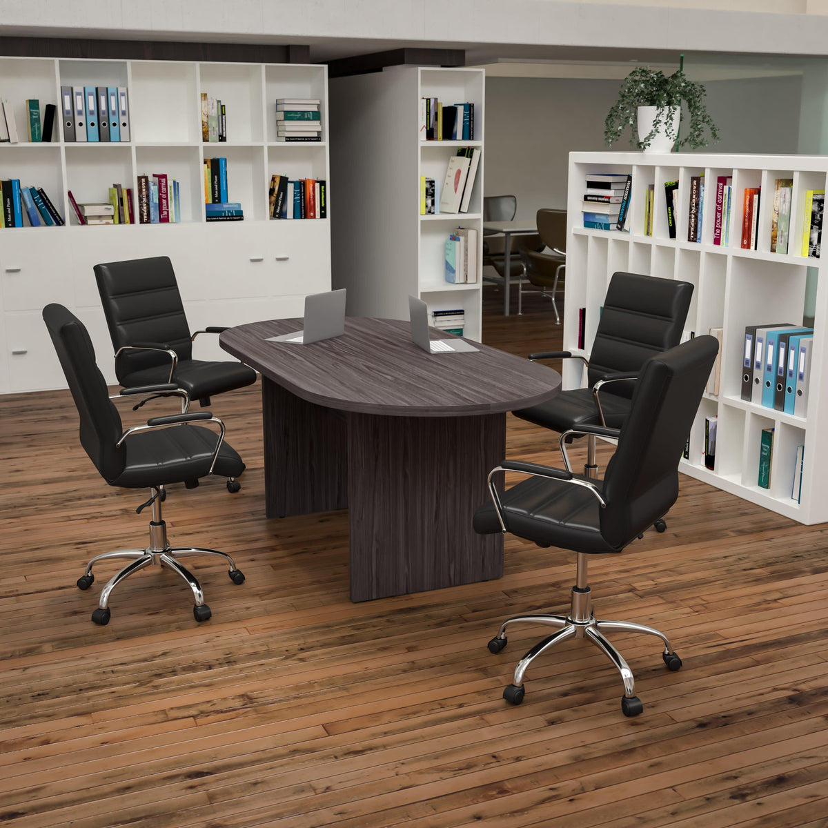 Rustic Gray |#| 5 Piece Rustic Gray Oval Conference Table with 4 Black/Chrome LeatherSoft Chairs