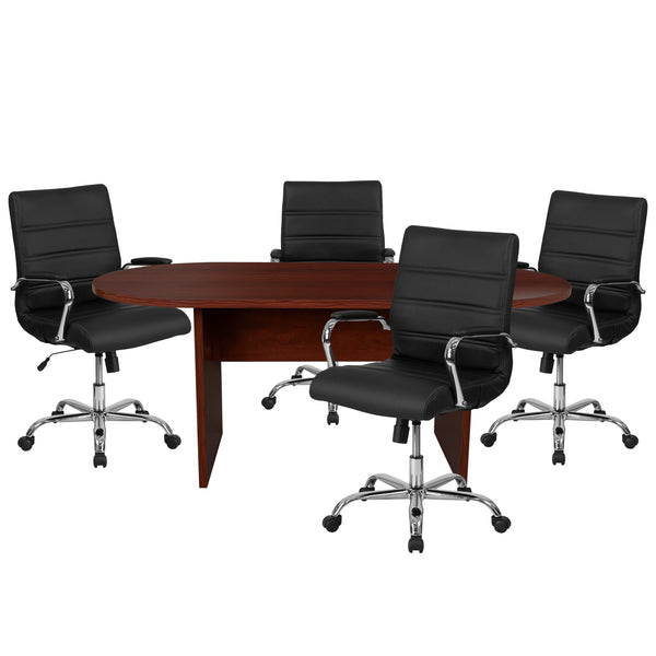 Mahogany |#| 5 Piece Mahogany Oval Conference Table with 4 Black/Chrome LeatherSoft Chairs