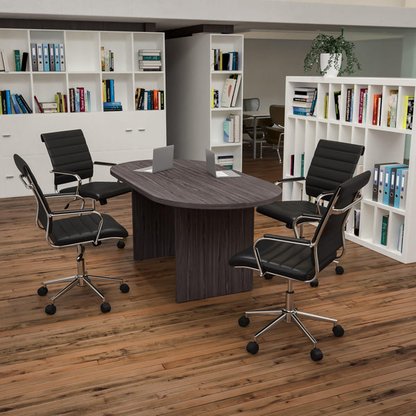 Rustic Gray |#| 5 Piece Rustic Gray Oval Conference Table with 4 Black LeatherSoft Ribbed Chairs