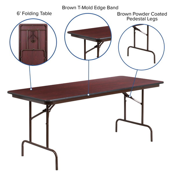 6-Foot High Pressure Mahogany Laminate Folding Banquet & Catering Table