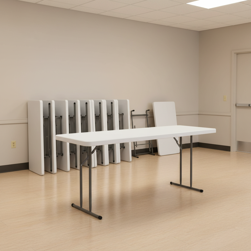 6-Foot Folding Tables Stacked Against Wall Fellowship Hall