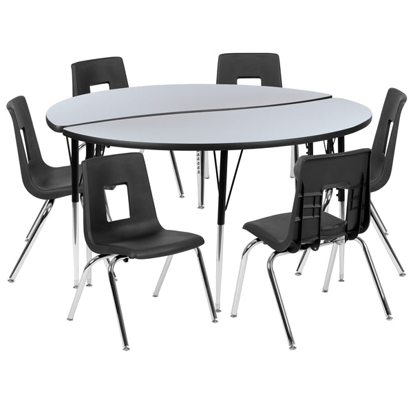 Grey |#| 60inch Circle Wave Activity Table Set with 16inch Student Stack Chairs, Grey/Black