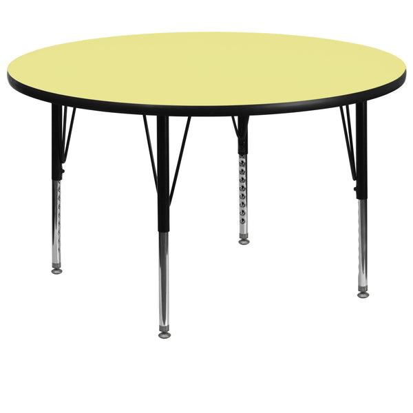 Yellow |#| 60inch Round Yellow Thermal Laminate Activity Table - Height Adjustable Short Legs
