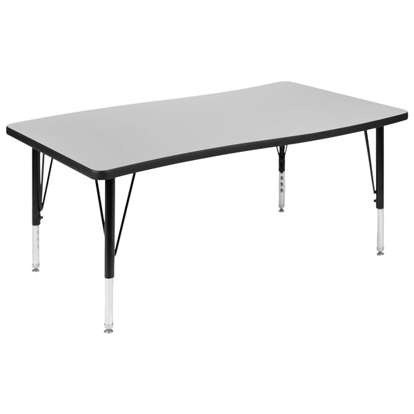 Grey |#| 76inch Oval Wave Activity Table Set with 14inch Student Stack Chairs, Grey/Black