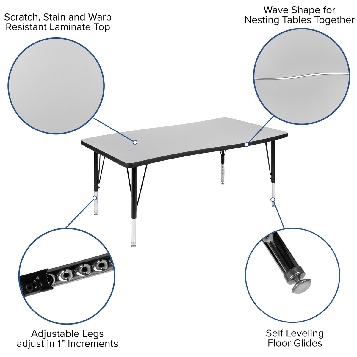 Grey |#| 76inch Oval Wave Activity Table Set with 14inch Student Stack Chairs, Grey/Black