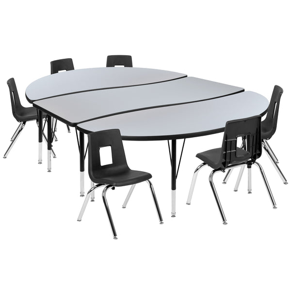 Grey |#| 86inch Oval Wave Activity Table Set with 14inch Student Stack Chairs, Grey/Black