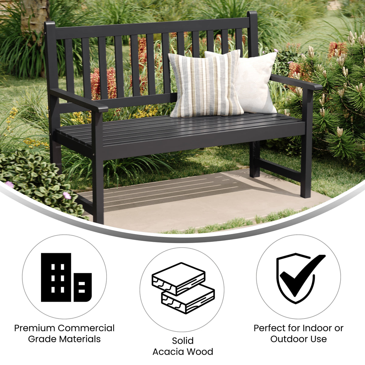 Black |#| Commercial Indoor/Outdoor 2-Person Patio Acacia Wood Bench Loveseat in Black