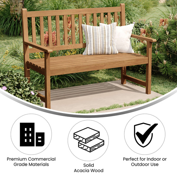 Brown |#| Commercial Indoor/Outdoor 2-Person Patio Acacia Wood Bench Loveseat in Brown