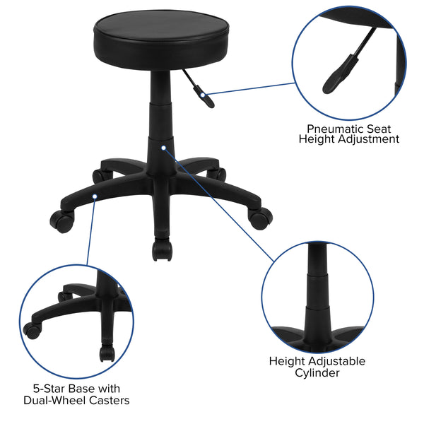 Black Adjustable Doctors Stool on Wheels with Ergonomic Molded Seat