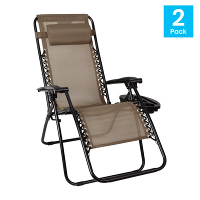 Adjustable Folding Mesh Zero Gravity Reclining Lounge Chair with Pillow and Cup Holder Tray, Set of 2