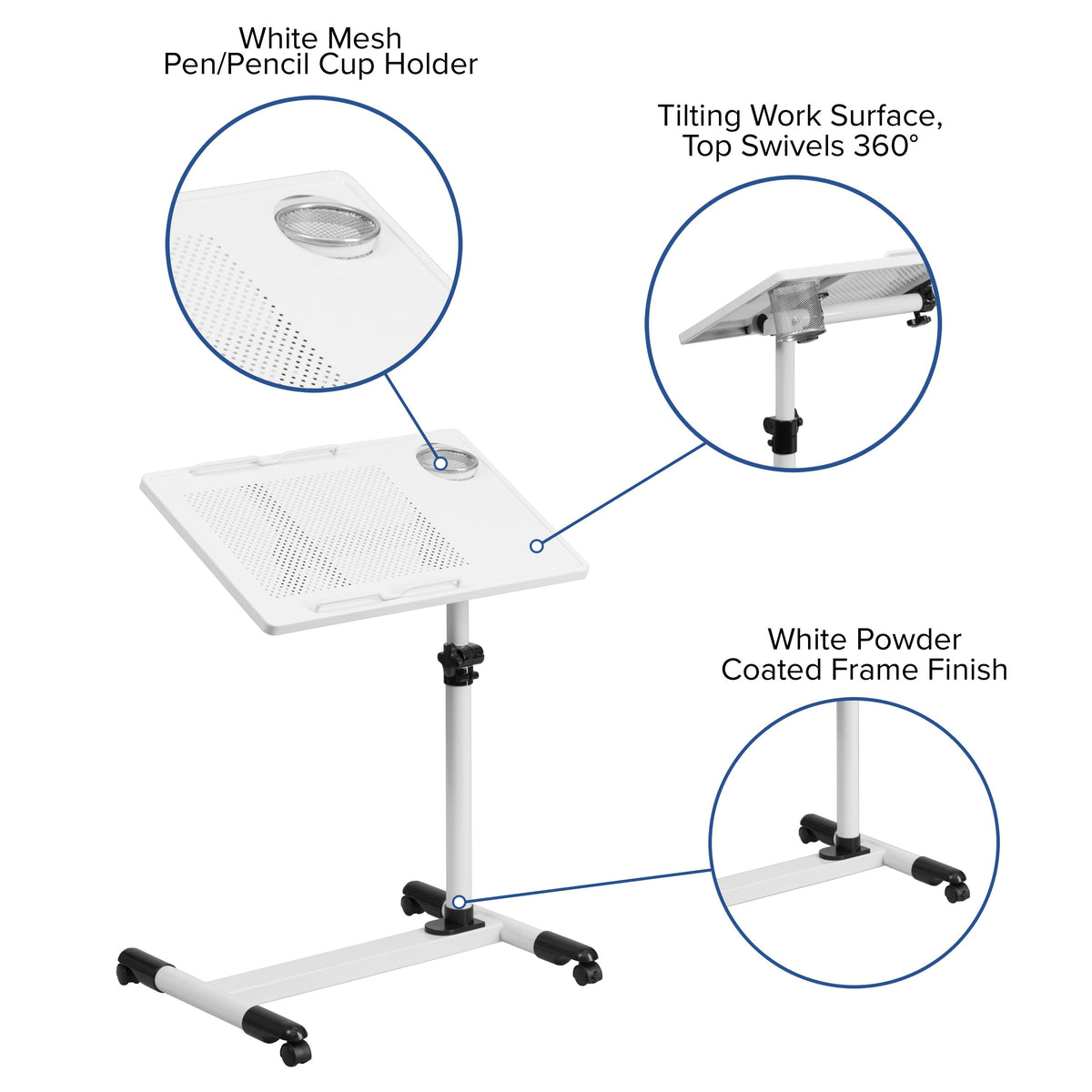 White |#| White Adjustable Height Steel Mobile Tilt Top Computer Desk w/ Top & Bottom Lip