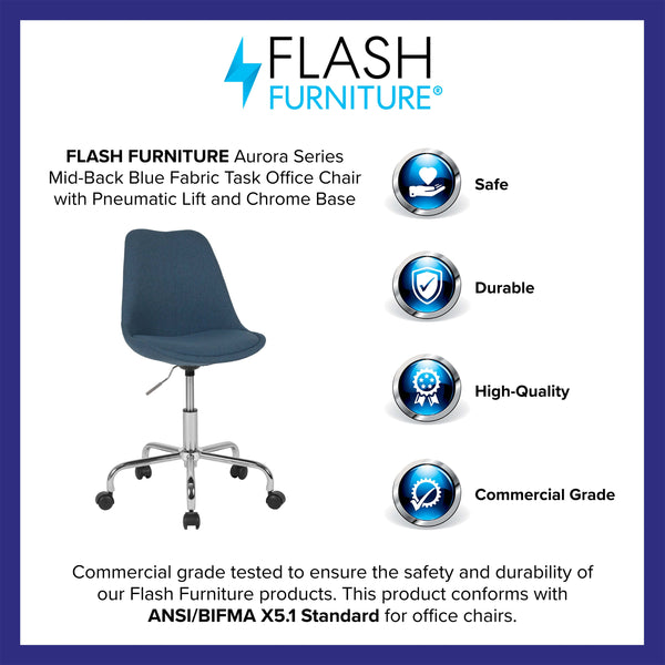 Blue |#| Mid-Back Blue Fabric Task Office Chair with Pneumatic Lift and Chrome Base