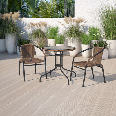 Barker 28'' Round Glass Metal Table with Rattan Edging and 2 Rattan Stack Chairs - View 2