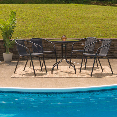 Barker 28'' Round Glass Metal Table with Rattan Edging and 4 Rattan Stack Chairs - View 2