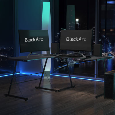 BlackArc ArcTec Ice L-Shaped Gaming Desk with Tempered Glass Top and Powder Coated Steel Frame