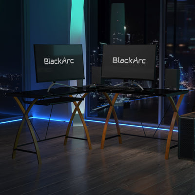 BlackArc Dusk To Destiny L-Shaped Gaming Desk with Tempered Glass Surface and Crisscross Legs - Sliding Keyboard Tray - View 2