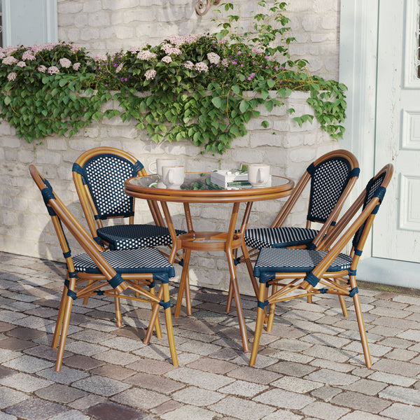 Navy & White Rattan/Natural Frame |#| Indoor/Outdoor Commercial French Bistro Set with Table and 4 Chairs in Navy/Wht