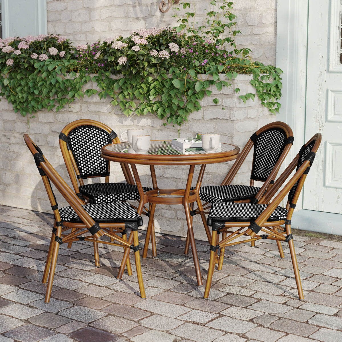 Black & White Rattan/Natural Frame |#| Indoor/Outdoor Commercial French Bistro Set with Table and 4 Chairs in Blk/Wht