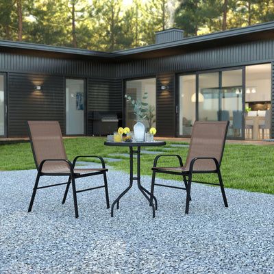 Brazos 3 Piece Outdoor Patio Dining Set - Tempered Glass Patio Table, 2 Flex Comfort Stack Chairs