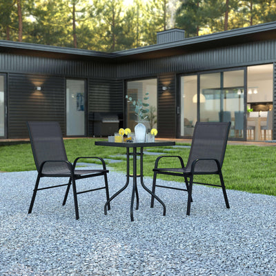 Brazos 3 Piece Outdoor Patio Dining Set - Tempered Glass Patio Table, 2 Flex Comfort Stack Chairs