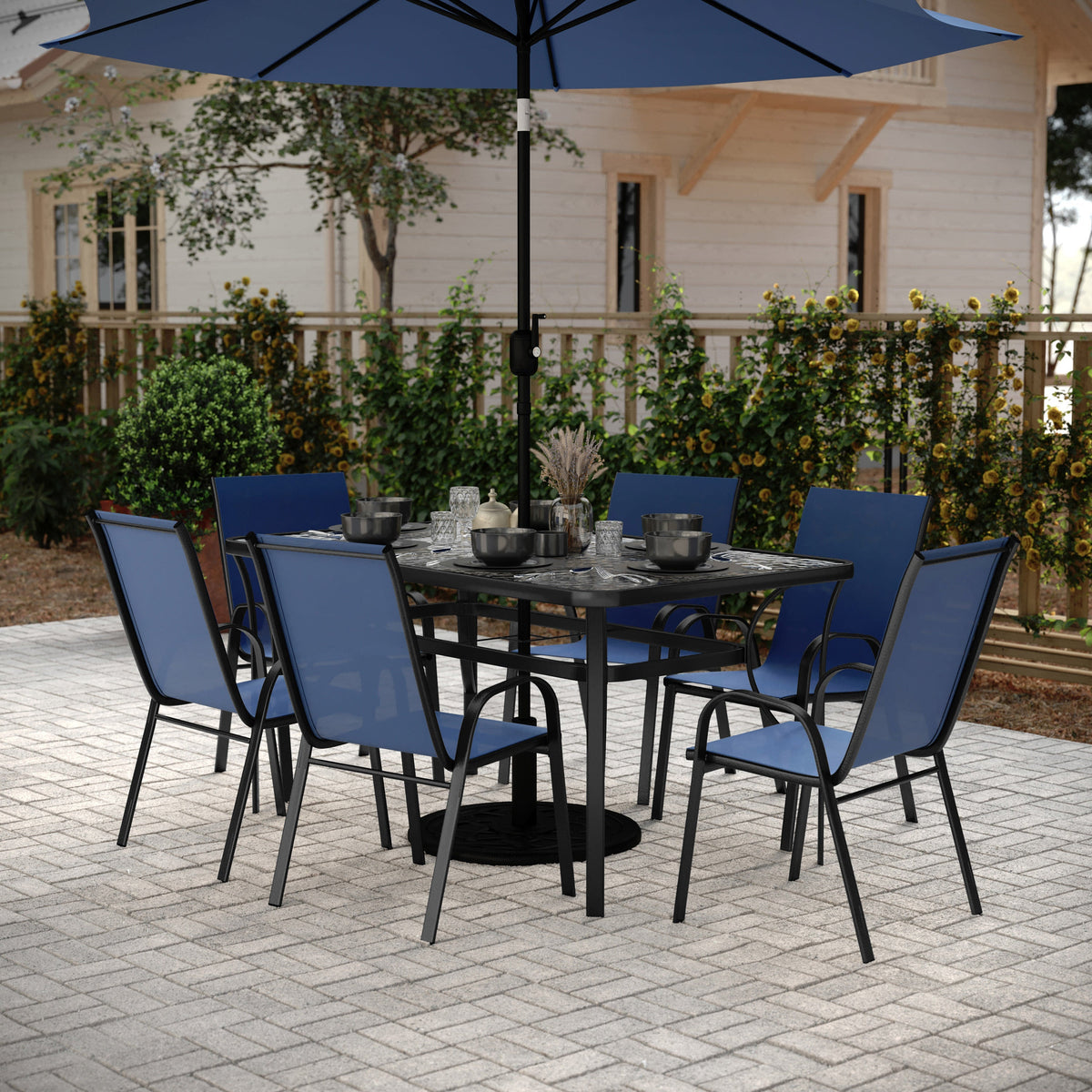 Navy |#| Commercial 7 Pc Outdoor Patio Dining Set with Glass Table and 6 Chairs - Navy