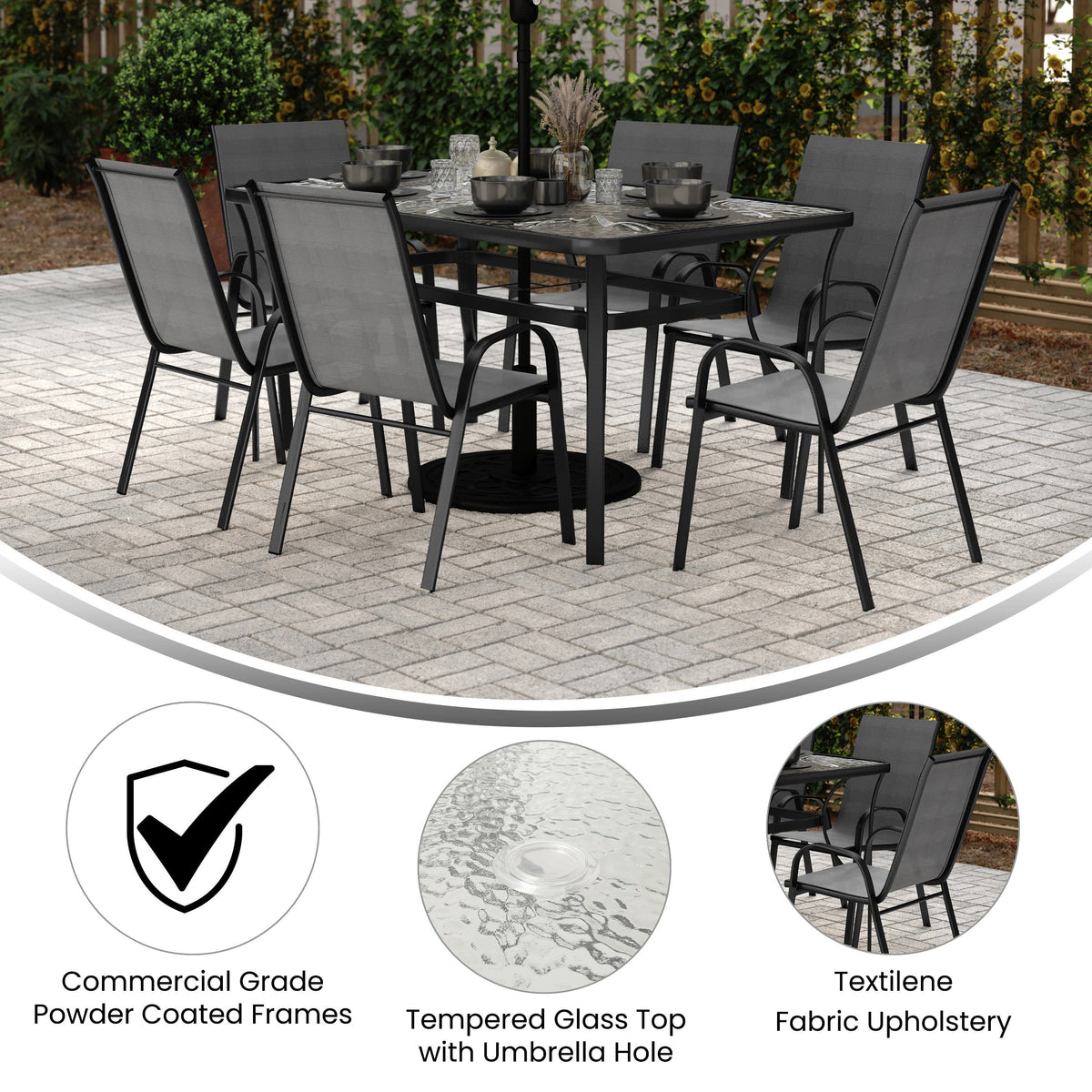 Gray |#| Commercial 7 Pc Outdoor Patio Dining Set with Glass Table and 6 Chairs - Gray