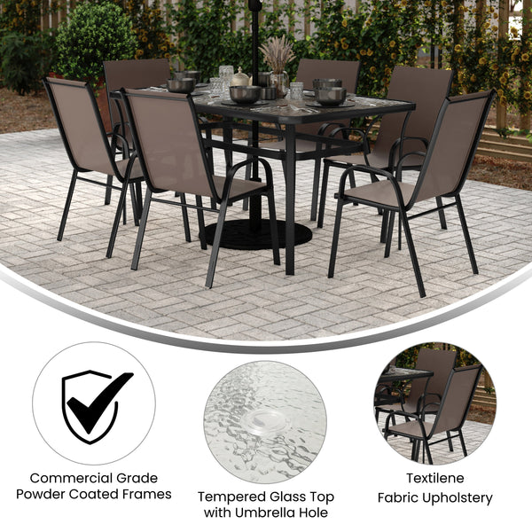 Brown |#| Commercial 7 Pc Outdoor Patio Dining Set with Glass Table and 6 Chairs - Brown