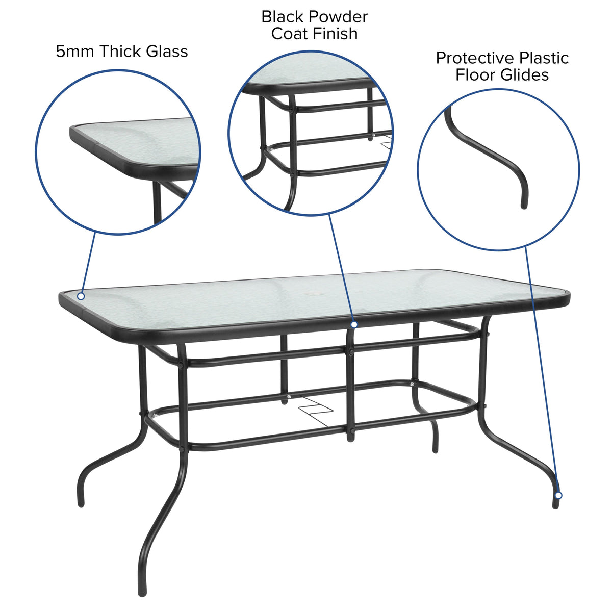 7 Piece Patio Dining Set - 55inch Glass Patio Table, 6 Black Aluminum Stack Chairs