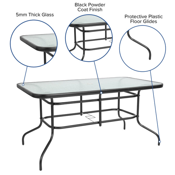 7 Piece Patio Dining Set - 55inch Glass Patio Table, 6 Black Aluminum Stack Chairs