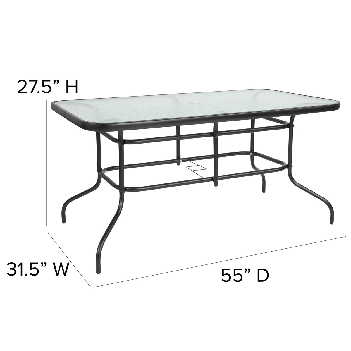 7 Piece Patio Dining Set - 55inch Glass Patio Table, 6 Black Aluminum Stack Chairs