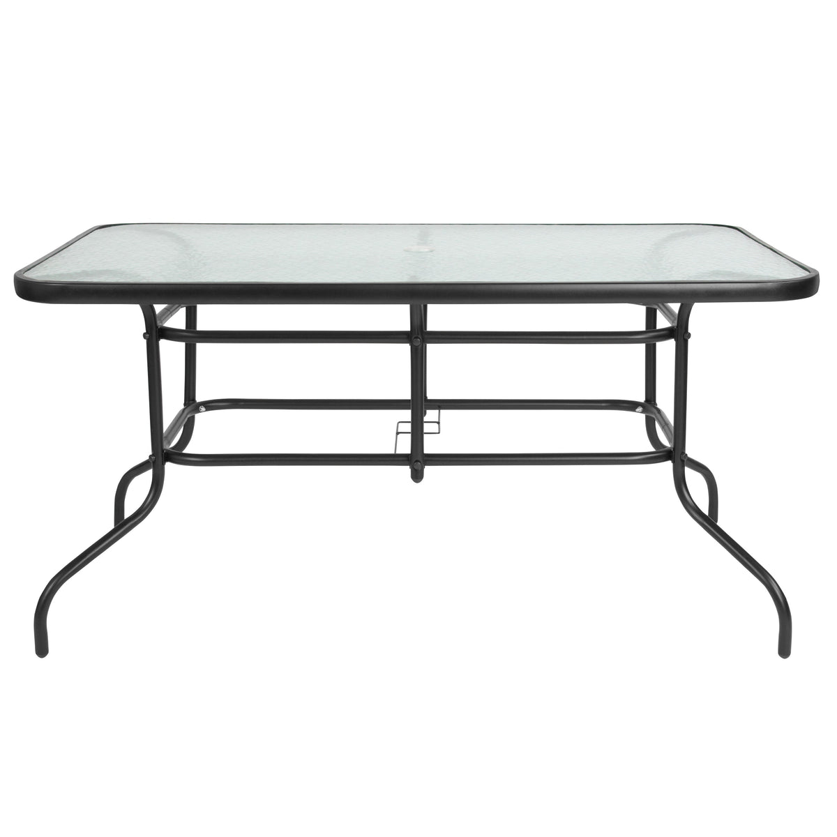 7 Piece Patio Dining Set - 55inch Glass Patio Table, 6 Black Aluminum Stack Chairs