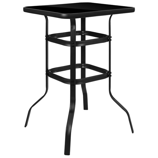 Black |#| 5 Piece Outdoor Bar Height Set-Glass Patio Bar Table-Black All-Weather Barstools
