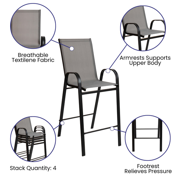 Gray |#| 5 Piece Outdoor Bar Height Set-Glass Patio Bar Table-Gray All-Weather Barstools