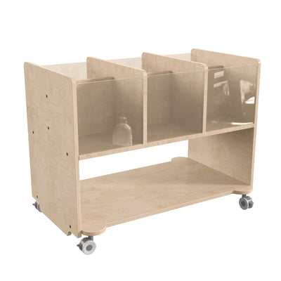 Bright Beginnings Commercial Double Sided Space Saving Wooden Mobile Storage Cart with Locking Casters, Storage Bins, and Open Compartments