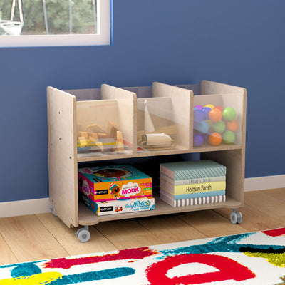 Bright Beginnings Commercial Double Sided Space Saving Wooden Mobile Storage Cart with Locking Casters, Storage Bins, and Open Compartments