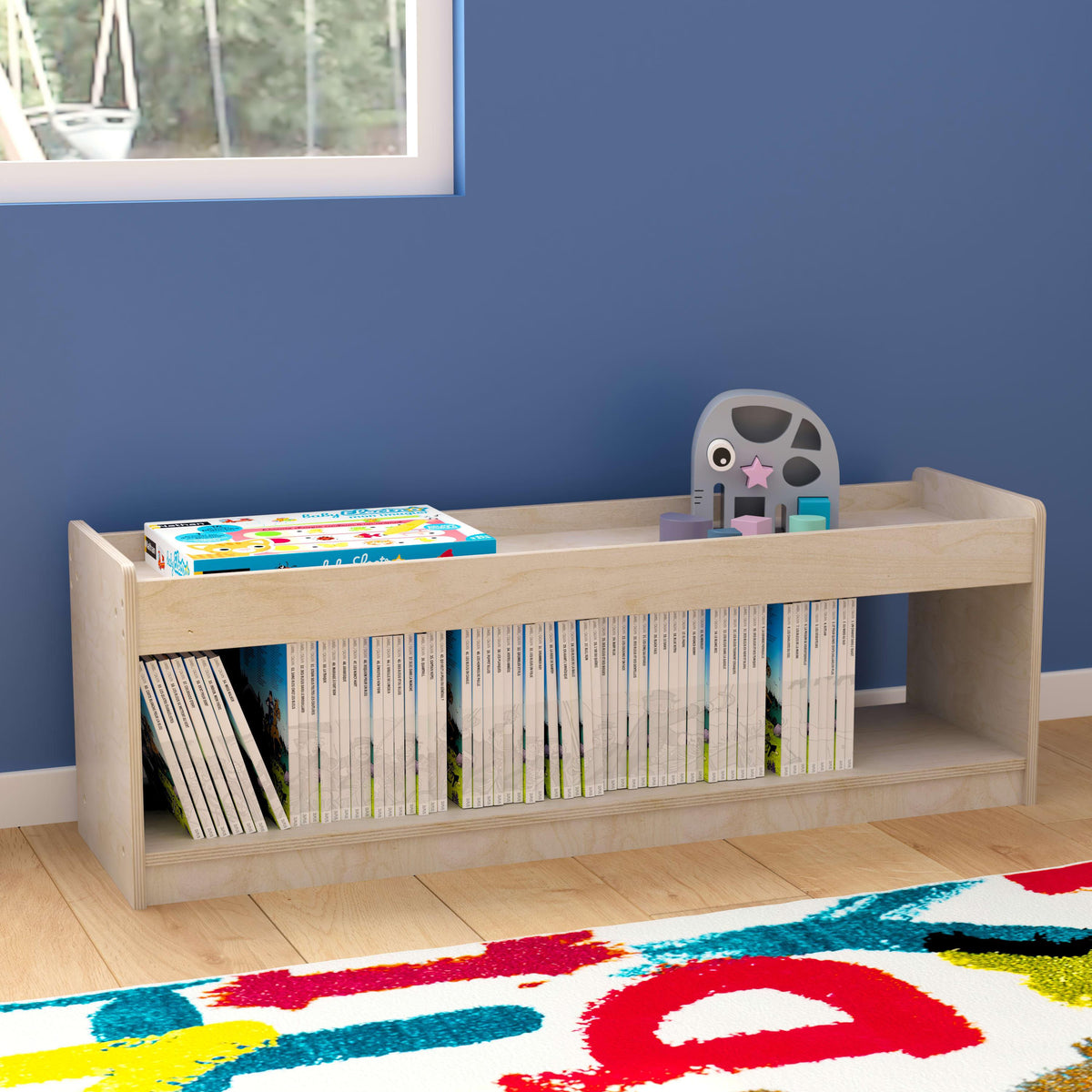 Commercial Grade Natural Finish Wooden Classroom 2 Tier Display Shelf Unit