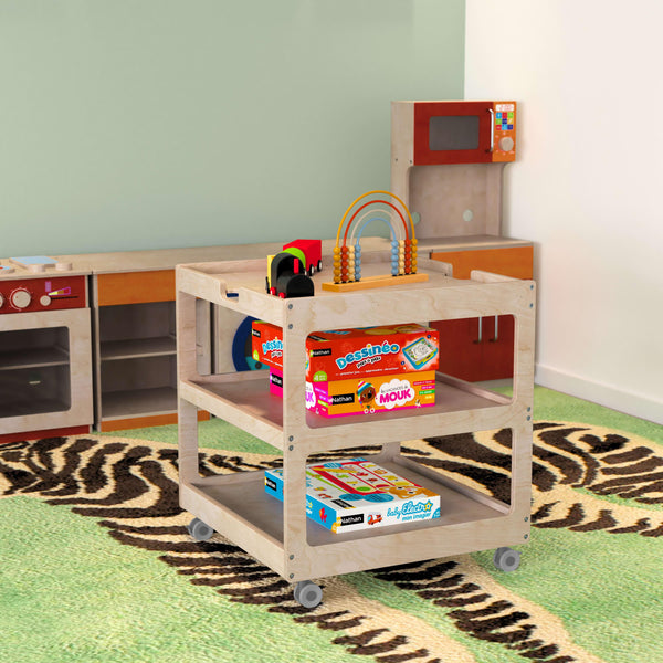 Commercial Grade Natural Wooden 3 Shelf Square Classroom Mobile Storage Cart