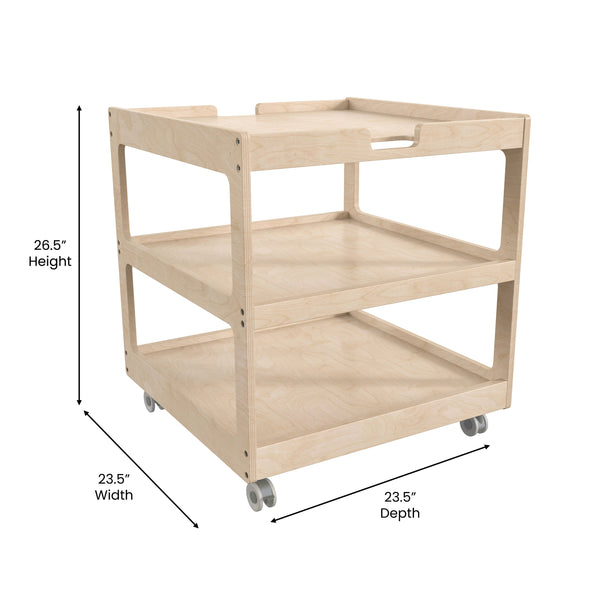 Commercial Grade Natural Wooden 3 Shelf Square Classroom Mobile Storage Cart