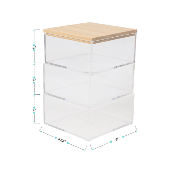 Clear/Light Natural |#| Premium Clear Plastic Storage Bins with Lt Natural Paulownia Wood Lid-3.75"x3"