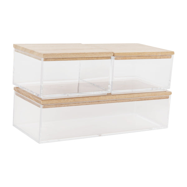 Clear/Light Natural |#| Premium Clear Plastic Storage Bins - Lt Natural Paulownia Wood Lids-2-SM/1-MED