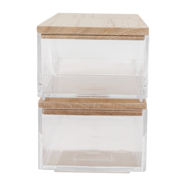 Clear/Light Natural |#| Premium Clear Plastic Storage Bins - Lt Natural Paulownia Wood Lids-2-SM/1-MED