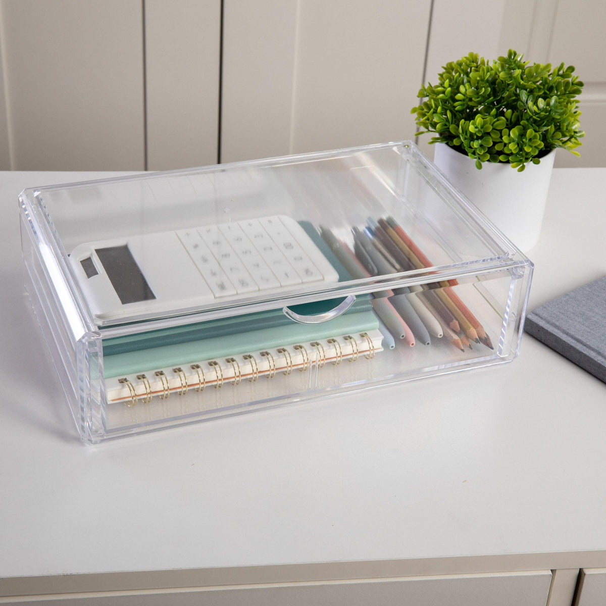 Desktop Organization Box with Half Moon Opening Pullout Drawer - Clear Plastic