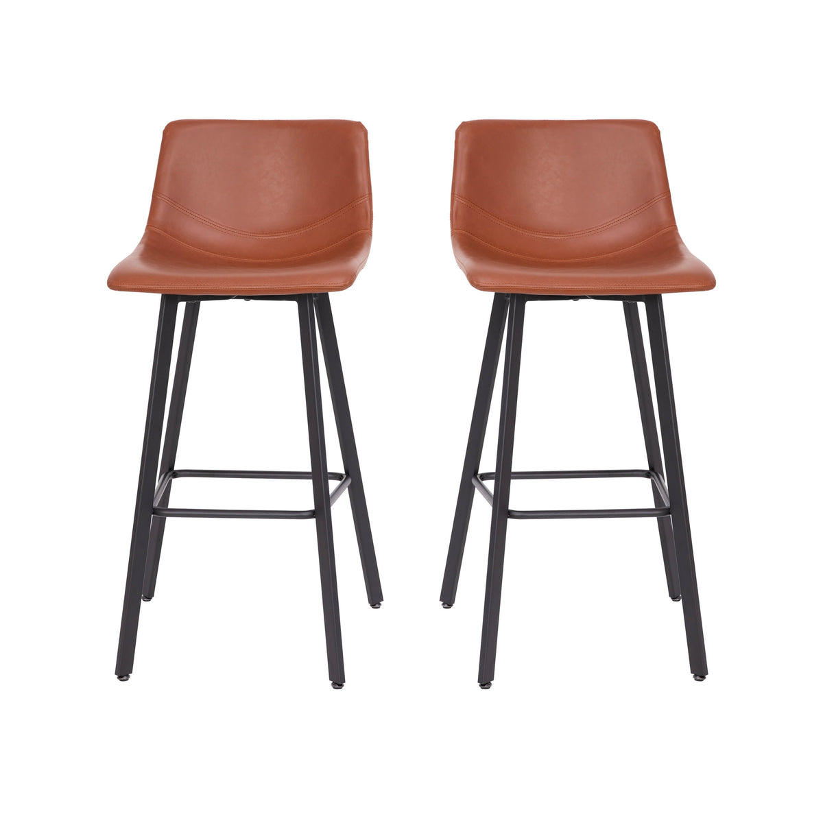 Cognac LeatherSoft |#| Set of 2 Commercial Indoor Armless Iron Barstools - Cognac LeatherSoft