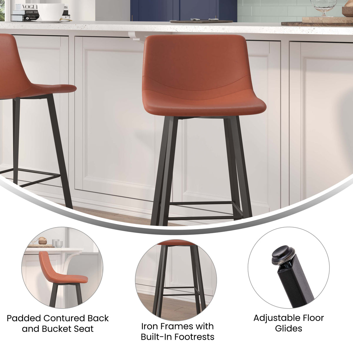 Cognac LeatherSoft |#| Set of 2 Commercial Indoor Armless Iron Barstools - Cognac LeatherSoft