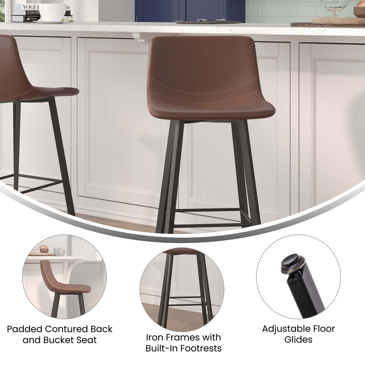 Chocolate Brown LeatherSoft |#| Set of 2 Commercial Indoor Armless Iron Barstools - Chocolate Brown LeatherSoft