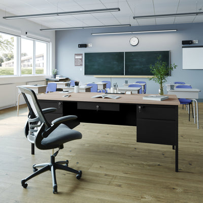 Cambridge Commercial Grade Double Pedestal Desk with Locking Drawers and Metal Frame