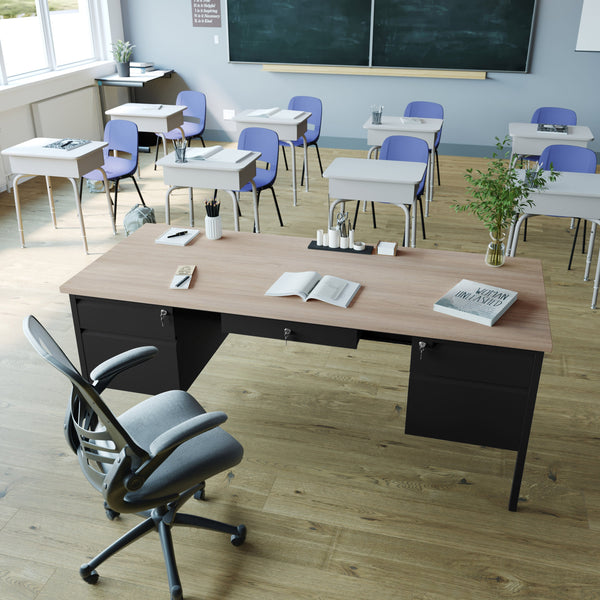 White Oak |#| Commercial Double Pedestal Desk with 5 Locking Drawers in White Oak-50x70