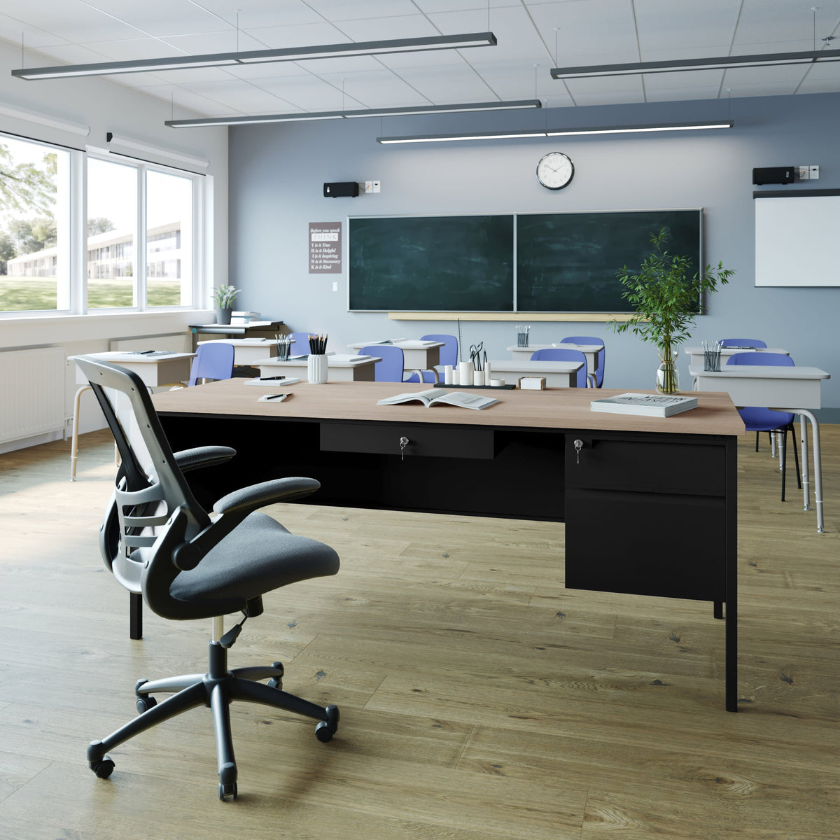 White Oak |#| Commercial Right Side Single Pedestal Desk-3 Locking Drawers in White Oak-30x70