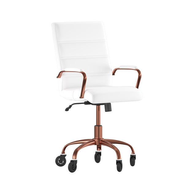 White LeatherSoft/Rose Gold Frame |#| Executive Chair with Rose Gold Frame & Arms on Skate Wheels - White LeatherSoft